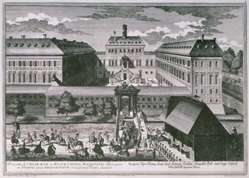 Uitzicht op Schloss Ebersdorff nabij Wenen gegraveerd door Georg-Daniel Heumann (1691-1759)